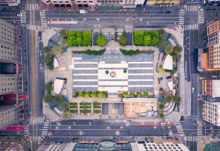 Aerial view of empty San Francisco Union Square during the COVID-19 pandemic lockdown.