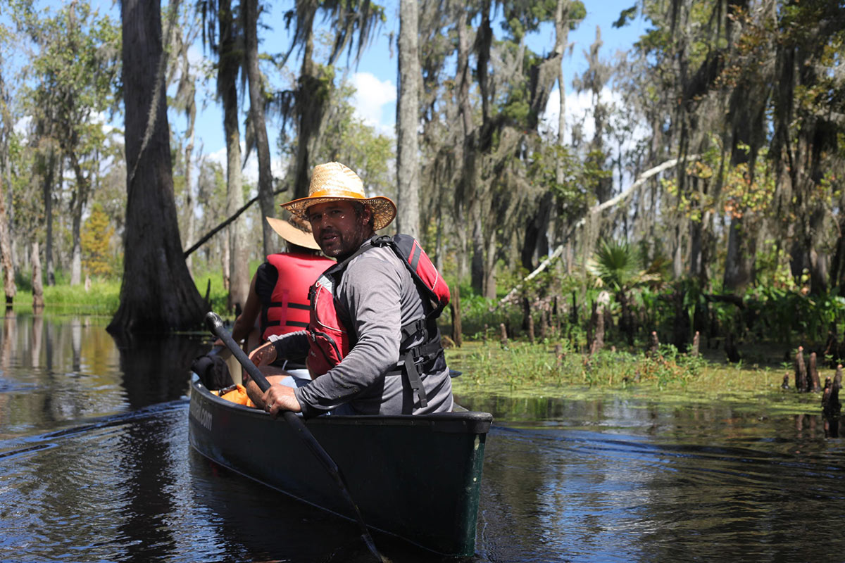 Person kayaking in Lousisiana Bayou