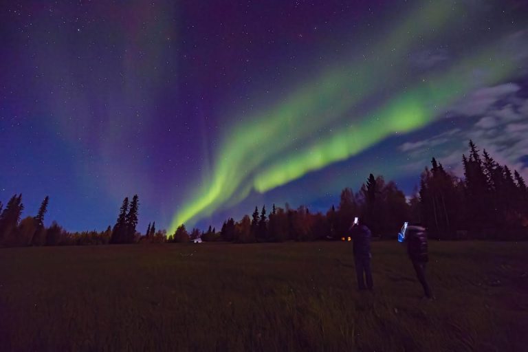guests taking photos of green northern lights in alaska 1