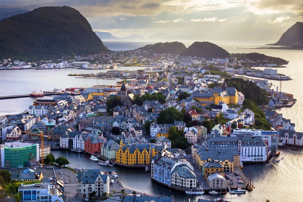 The town of Ålesund, Norway in the northern part of the Western Fjords region, seen from above