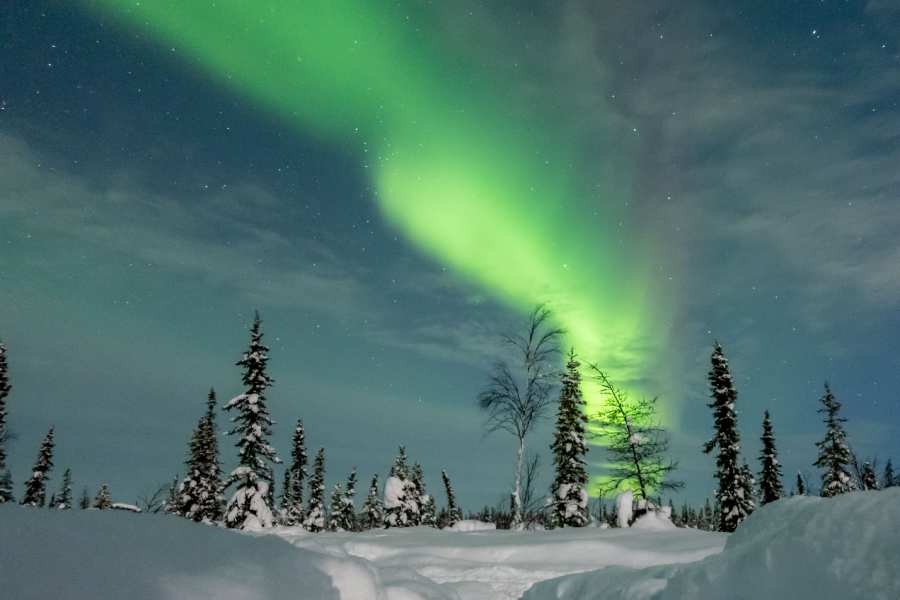 snowy landscape with northern lights in Alaska