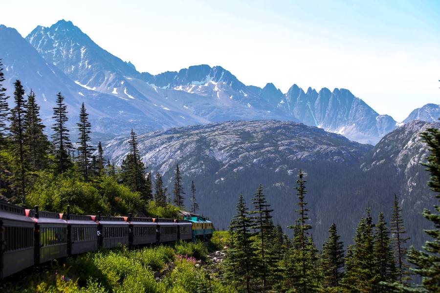 Train ride through mountains in Alaska